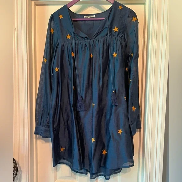 Dresses | Tularosa Navy Blue And Gold Star Long Sleeve Silk Mini Dress |  Poshmark